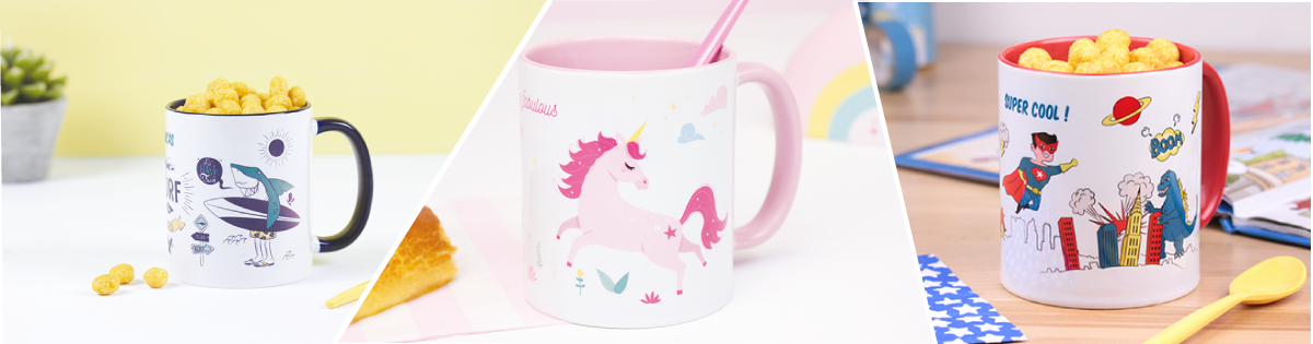 Mugs de diferentes colores e ilustraciones