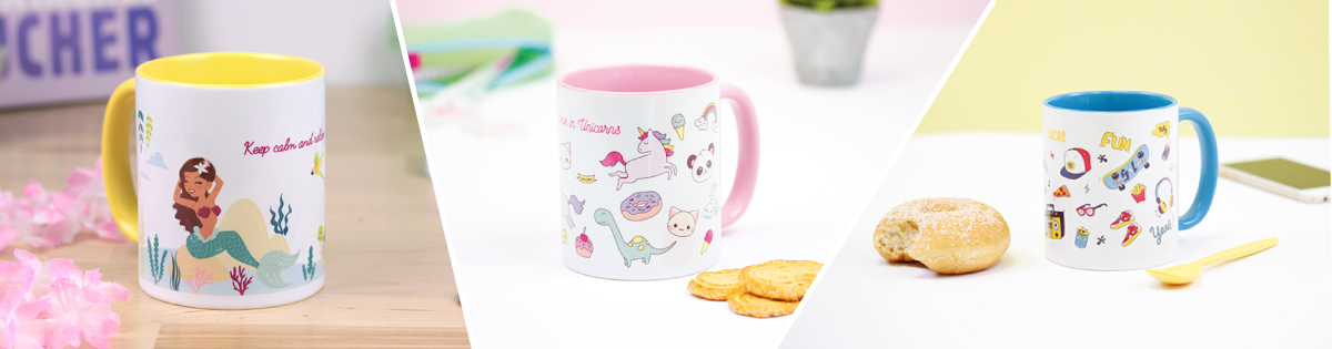 Mugs de diferentes colores e ilustraciones