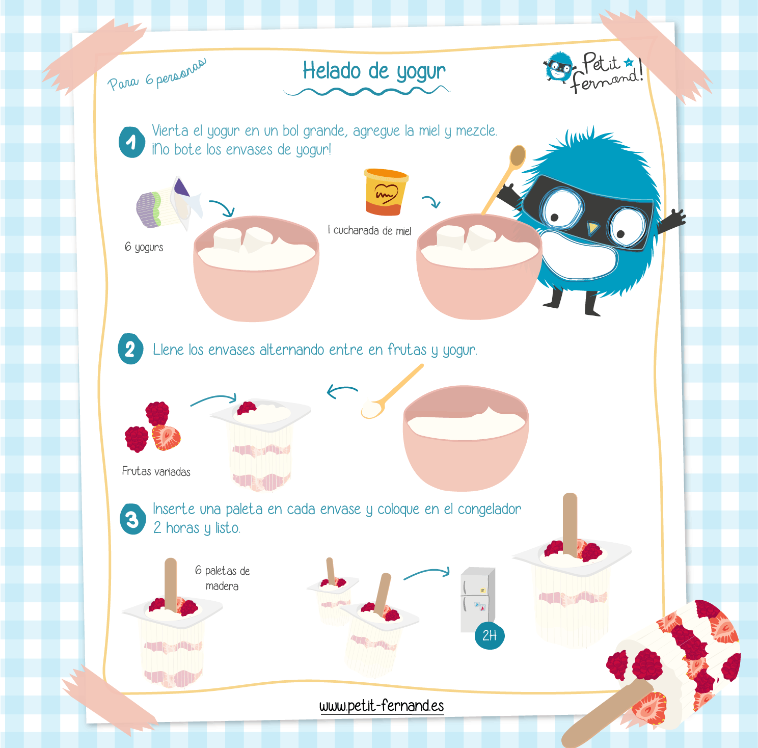 Receta de yogurt helado con frutas.