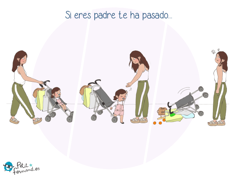 Viñeta de una sillita que se cae con el peso de las compras.